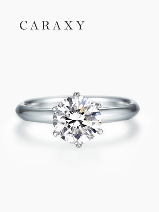 Top view of a classic six-prong solitaire ring with a sharp claw prong setting.