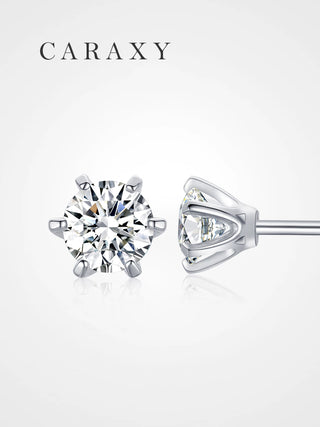 Six-prong lab grown diamond stud earrings shown from front and side views.