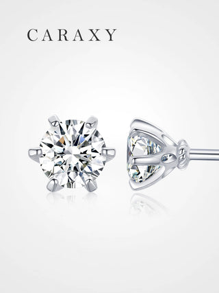 Six-prong lab-grown diamond stud earrings shown in front and side views.