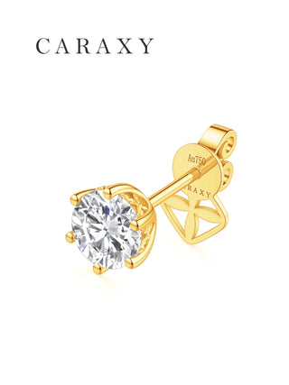 Angled view of a round lab-grown diamond stud earring in 18K yellow gold