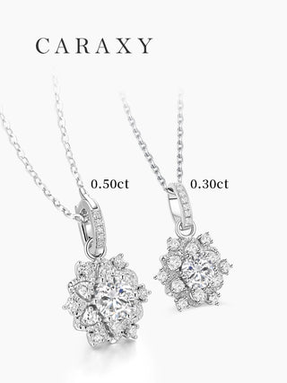 Comparison of 1/2 ct and 1/3 ct snowflake-inspired lab grown diamond necklaces in 18K white gold, showing two different diamond bail designs.