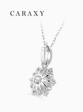 Back view of a snowflake-inspired lab grown diamond necklace in 18K white gold with an open gallery design.