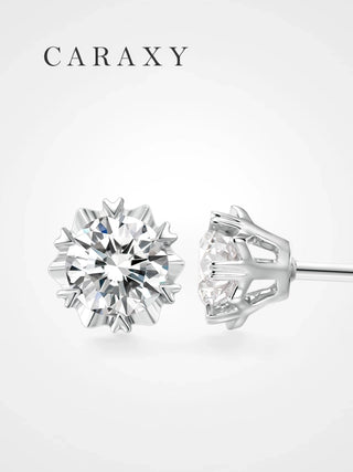 Snowflake-inspired lab grown diamond stud earrings in 18K white gold with round center diamonds.