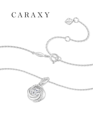 Spiral diamond pendant necklace with chain clasp and CARAXY tag detail