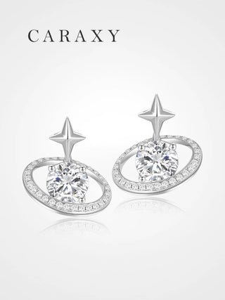 Star orbit lab grown diamond stud earrings in 18K white gold with round center diamonds.