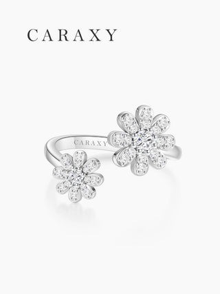 Front view of sterling silver double flower diamond ring with lab grown diamonds and open wrap design.