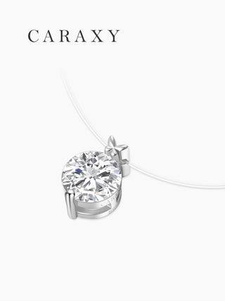 de view of sterling silver floating diamond necklace with open-back gallery and clear line chain.