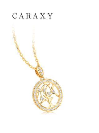 Angled view of an 18K yellow gold Tree of Life pendant with round lab-grown diamonds