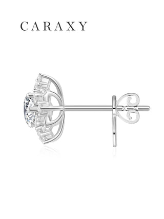 Side view of white gold cluster diamond earrings with a secure post backing.