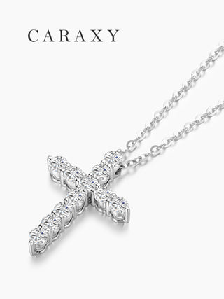 Side view of a white gold lab grown diamond cross pendant necklace with round brilliant diamonds.