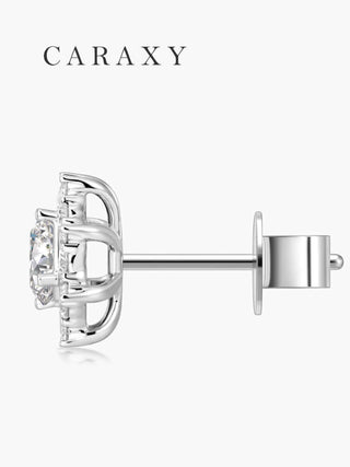 Side view of white gold snowflake diamond earrings with secure post backing.