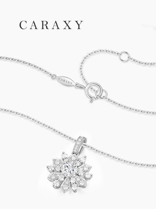 Lab grown diamond snowflake necklace in white gold with an adjustable cable chain and spring ring clasp.