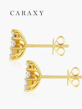 Side view of yellow gold floral diamond earrings with a basket-style stud setting.