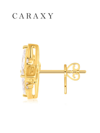 Side view of yellow gold flower diamond earrings with a secure post backing.