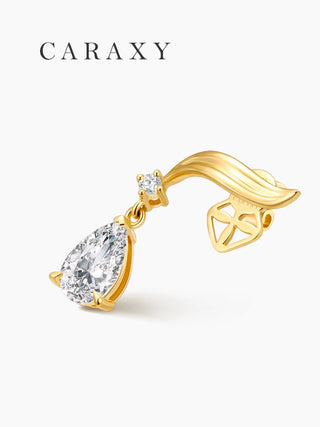 Side view of yellow gold pear diamond drop earrings with a curved stud design.
